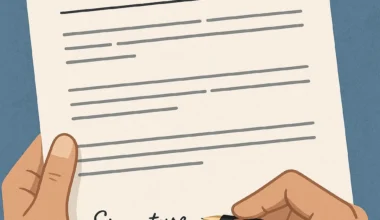 Illustration af hænder, der underskriver en erhvervslejekontrakt med en pen på et dokument med teksten "Erhvervsleje"